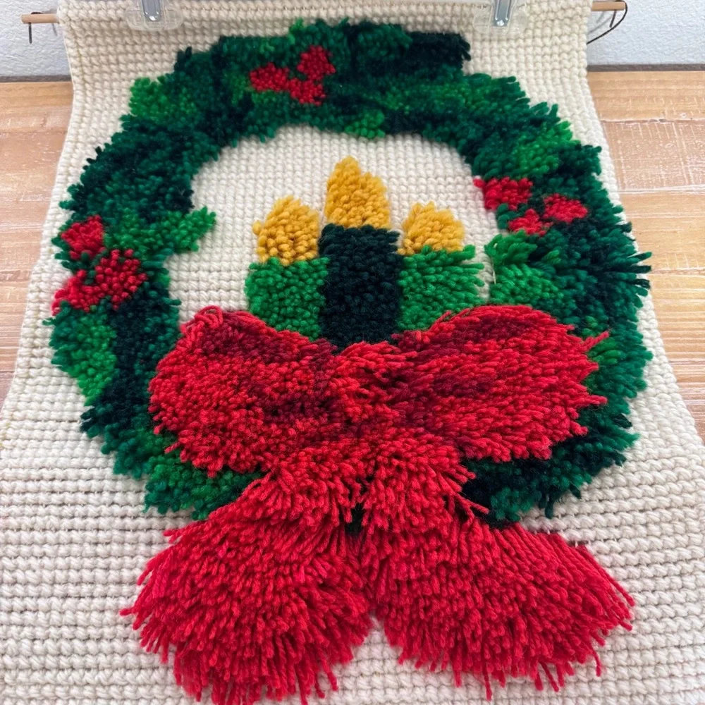 Vintage Wreath/Candle Hand Hooked Christmas Handmade Latch Hook Wall Hanging